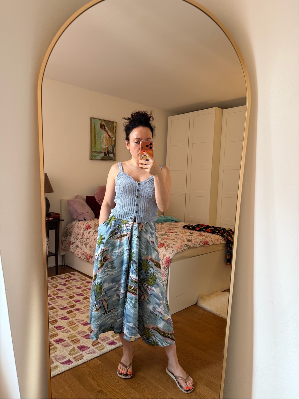 Emily and Fin Button-Front Blue Tropical Print Midi Skirt